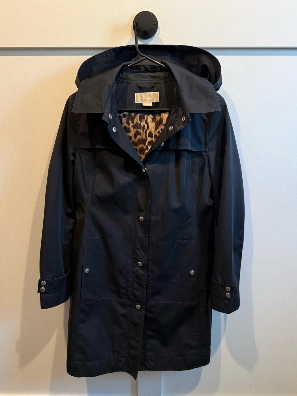 MICHAEL Michael Kors Black Hooded Trench Coat with Leopard Lining